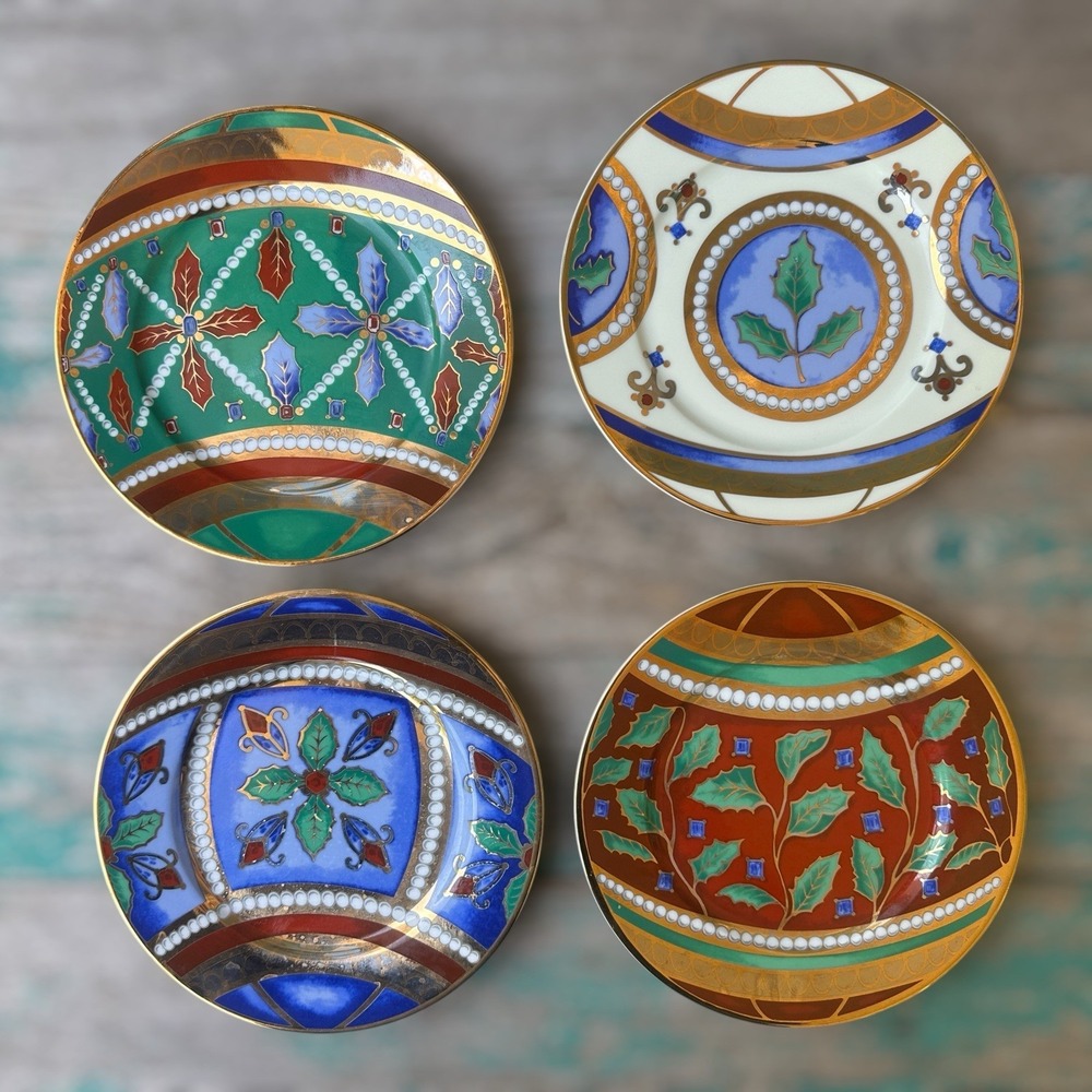 I Godinger 1855 Email de Limoges Christmas 4 Plates 7.5 Inch Multicolor Gold New